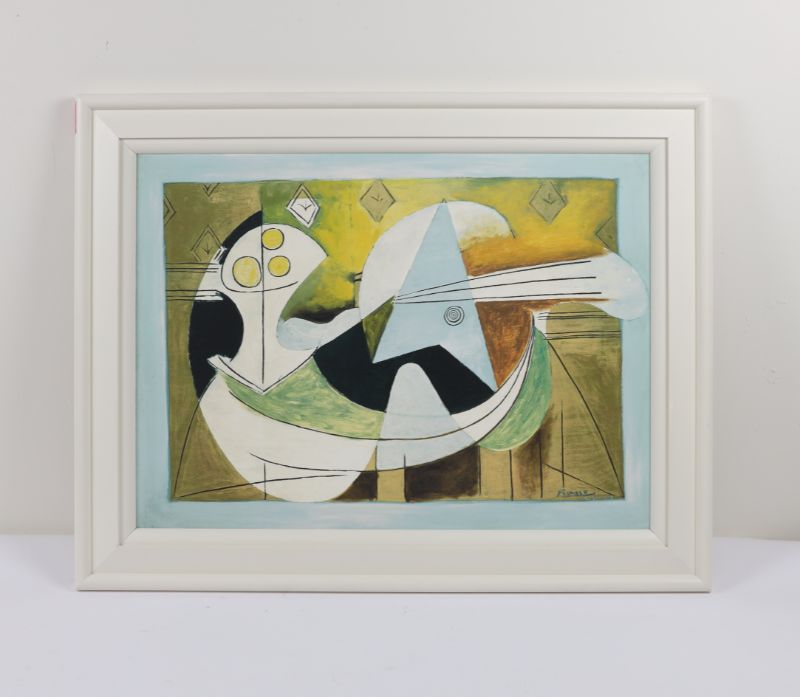 Photo 1 of Pablo Picasso Fruit Bowl and Guitar Print Style Decorative Artwork Approx H 33 X W 42 Inches Framed in White