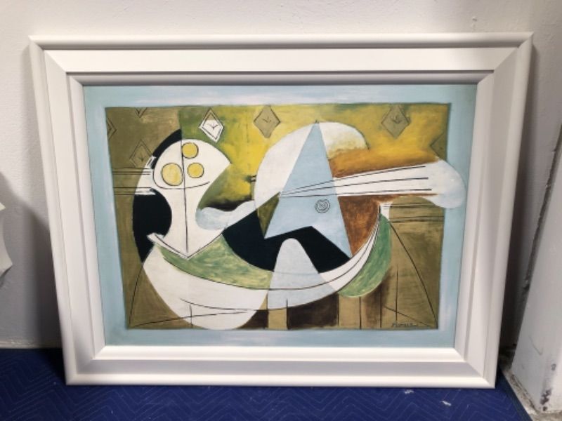Photo 2 of Pablo Picasso Fruit Bowl and Guitar Print Style Decorative Artwork Approx H 33 X W 42 Inches Framed in White