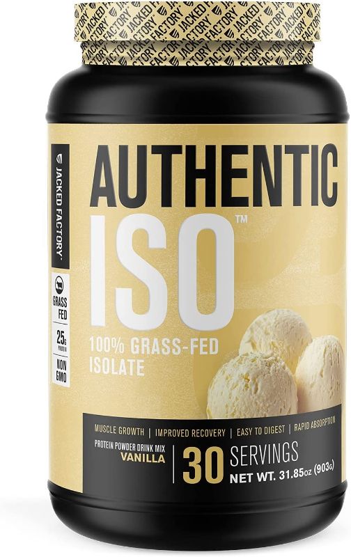 Photo 1 of Authentic ISO Grass Fed Whey Protein Isolate Powder - Low Carb, Non-GMO Muscle Building Protein w/ No Fillers, Mixes Perfectly for Post Workout Recovery, Vanilla - 2LB, 30 SV
