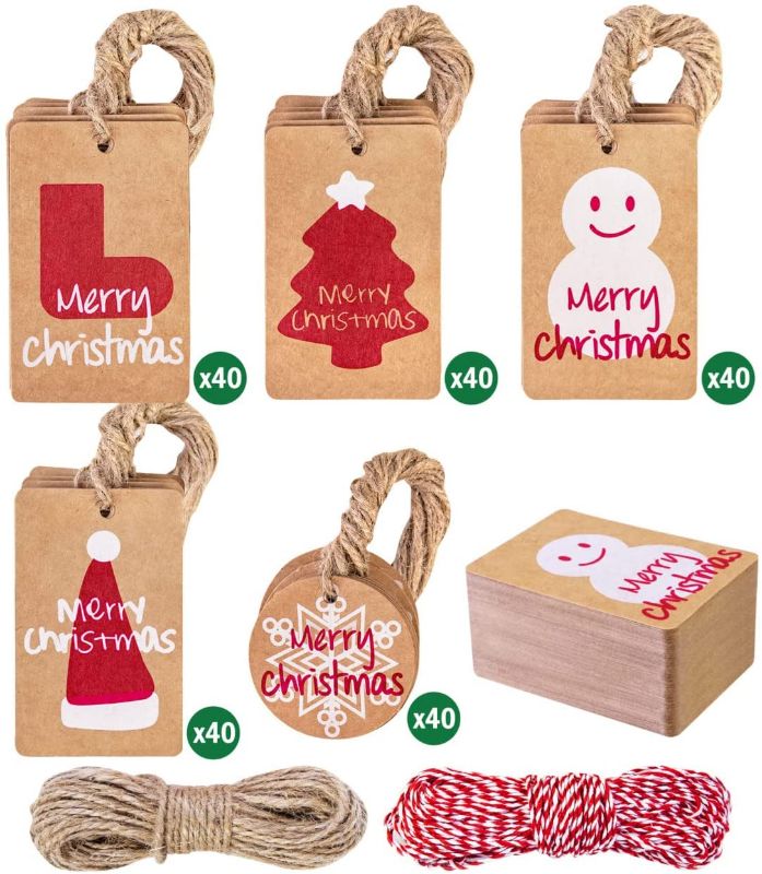 Photo 1 of 200Pack Christmas Kraft Paper Gift Tags, Brown Tags with 2Roll 32.8 Ft Jute Twine and Red White Twine , DIY Christmas Tags for Xmas Holiday Present Wrap Package Name Card Christmas Decorations
