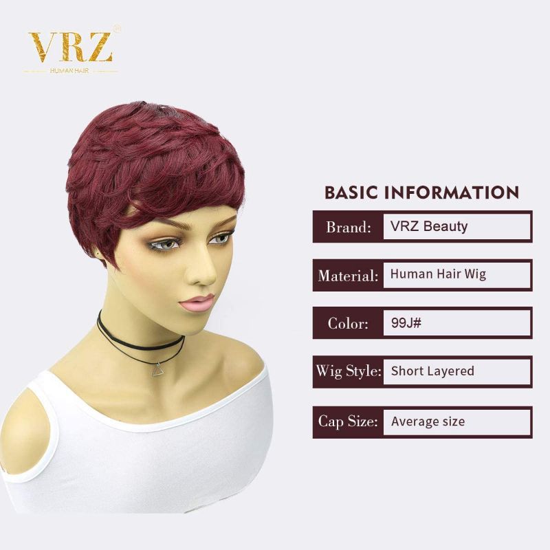 Photo 1 of VRZ Short Wavy Human Hair Wigs with Bangs Pixie Cut Brazilian Hair Wigs Short Black Layered Pixie Wavy Wigs for Women (Side Wavy 99J#)
