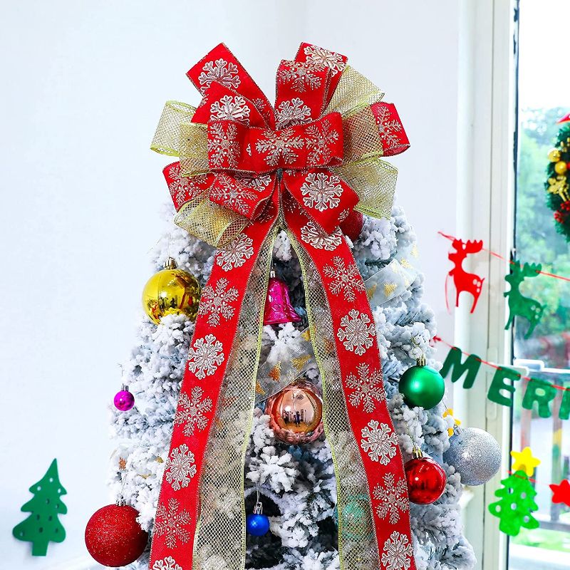 Photo 1 of Decorations Christmas Tree Topper 48x13Inches Christmas Tree Bow Topper Christmas Ornament with Glitter Satin Mesh Streamer for Your Christmas Indoor Home Decorations & Gift
