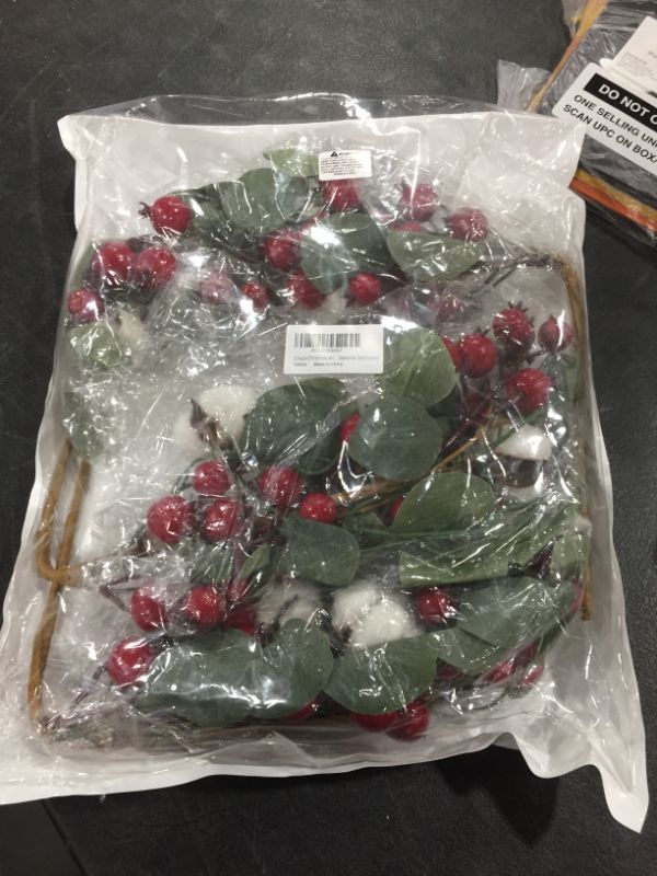 Photo 1 of 3 Pack Christmas Artificial Red Berries and Eucalyptus Leaves Spray Floral Stems Picks with Cotton Balls 23.6" Tall for Christmas Floral Arrangement Wreath Winter Holiday Seasonal Decoration
