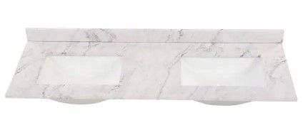 Photo 1 of 61 in. W x 22 in. D Stone Effect Double Sink Vanity Top in Lunar with White Sinks
