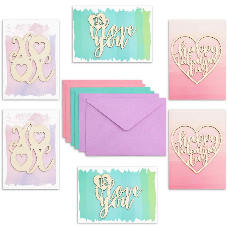 Photo 1 of 6 Packs Elegant Valentine's Day Wood Laser Cut Cards with Envelopes for Adults Teens, 3 Colors, 5 X 7 Inches
