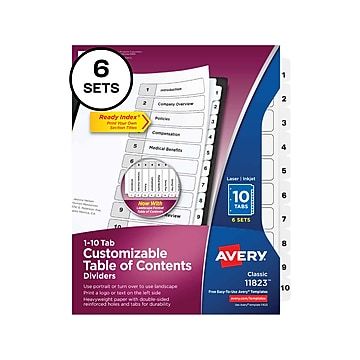 Photo 1 of Avery Ready Index Customizable Table of Contents Numeric Dividers, 10-Tab, White Tabs, 6 Sets (11823 | Quill
