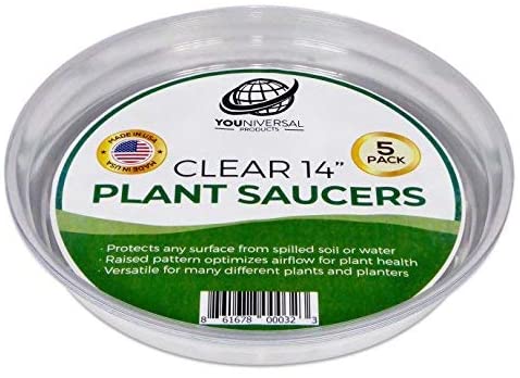 Photo 1 of YOUniversal Products Plant Saucers (Pack of 5) - 14” Clear Durable Plant Saucer for Indoor & All-Weather Outdoor Use - Catch Dirt & Water from Plant Pots to Stop Messes & Stains in Your Home & Garden

