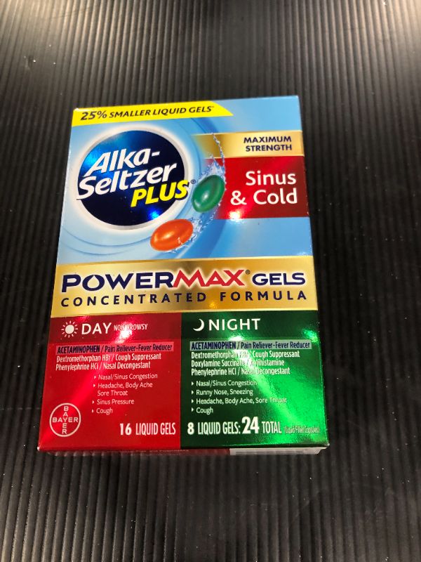 Photo 2 of Alka-Seltzer Plus Maximum Strength PowerMax Sinus, Congestion & Pain Day + Night Liquid Gels, 24 Ct | CVS
