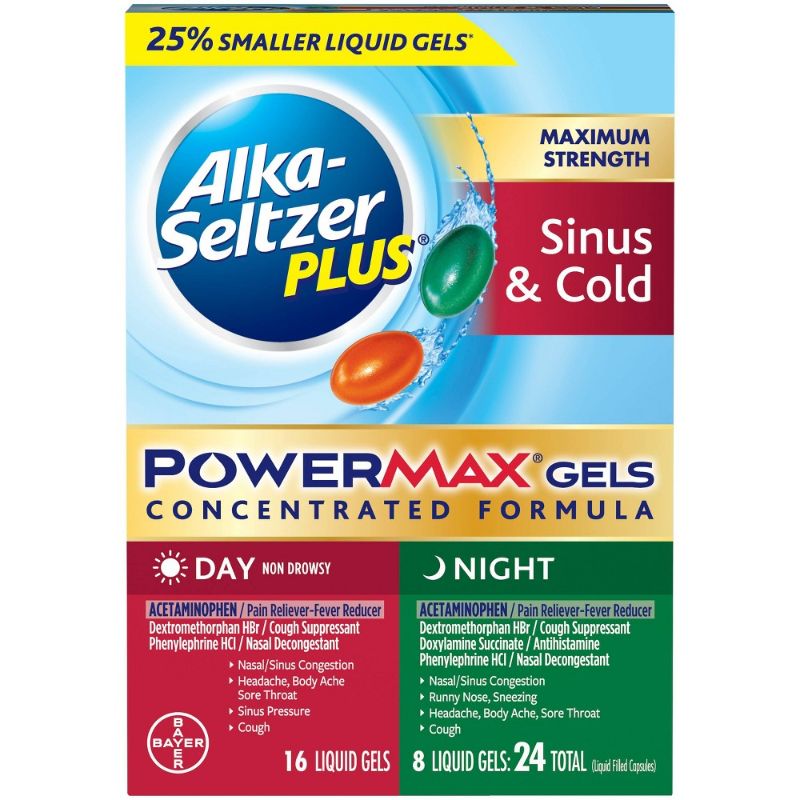 Photo 1 of Alka-Seltzer Plus Maximum Strength PowerMax Sinus, Congestion & Pain Day + Night Liquid Gels, 24 Ct | CVS
