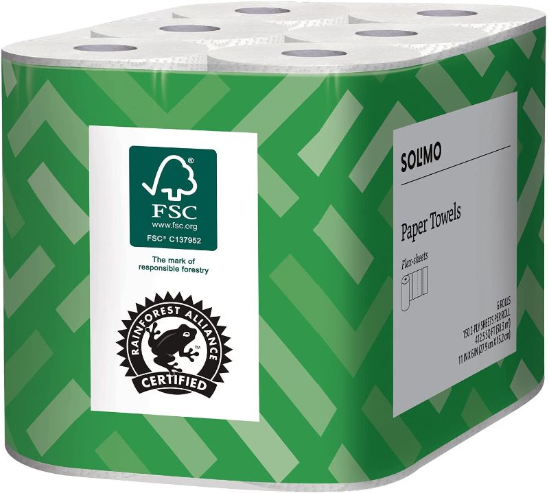 Photo 1 of Amazon Brand - Solimo Basic Flex-Sheets Paper Towels, 6 Value Rolls, White, 150 Sheets per Roll
