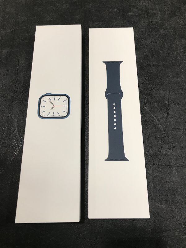 Photo 2 of Apple Watch Series 7 GPS, 45mm Blue Aluminum Case with Abyss Blue Sport Band
