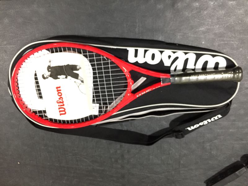 View 2 of Wilson Federer Pro Staff Precision XL 110 Gloss Red Tennis Racquet in Grip Size 4 3/8" Bundled with a Black Advantage II Tennis Bag (Incredible Feel and Control)