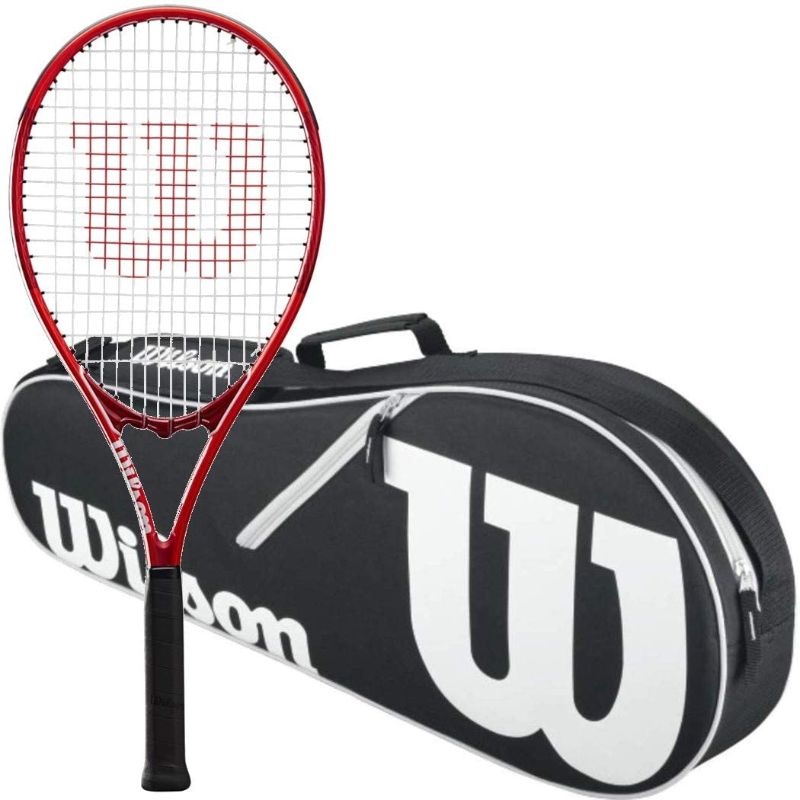 View 1 of Wilson Federer Pro Staff Precision XL 110 Gloss Red Tennis Racquet in Grip Size 4 3/8" Bundled with a Black Advantage II Tennis Bag (Incredible Feel and Control)