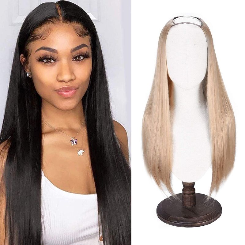 Photo 1 of SEIKEA Clip in Half Wig U-Shape One Piece Clip in Hair Extension Long Straight Full Head Synthetic Hairpiece 7 Clips 28 Inch Creamy Blonde
