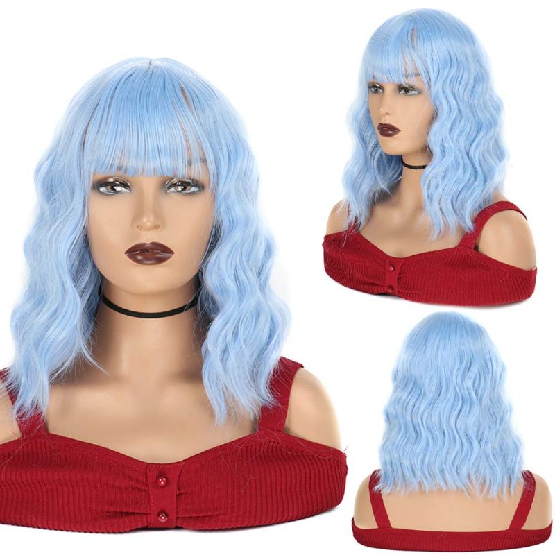 Photo 1 of SHUOHAN Short Bob Pastel Wavy Wig With Air Bangs Women's Wig Curly Wavy Pastel Bob Synthetic Cosplay Colorful Wigs for Girls 14inch (Sky blue)
