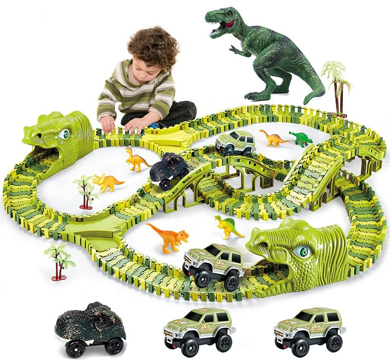 Photo 1 of Dinosaur Toys, 260 Pcs Dinosaur Car Race Track Toy with 3 Cars Playset, Includes 250 Flexible Train Track, 7 Dinosaur and 2 Dinosaur Head Best Gift for Boys...
