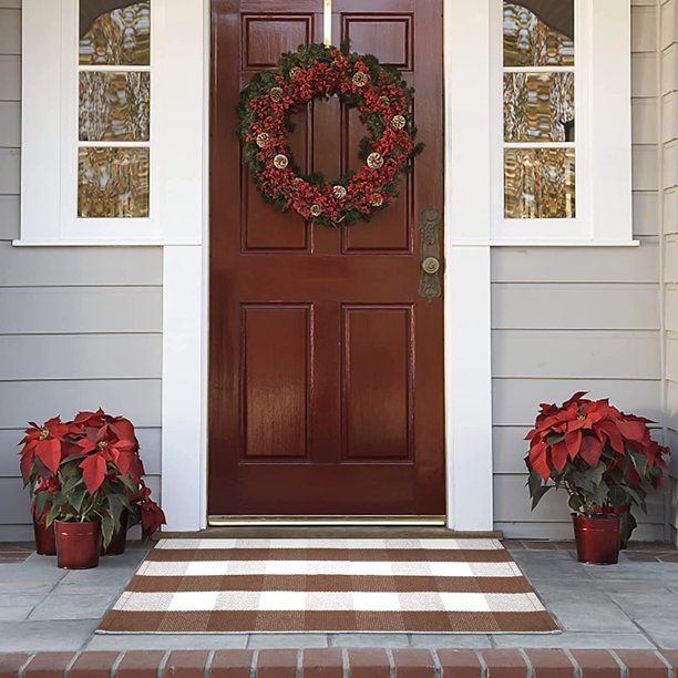 Photo 1 of Buffalo Plaid Outdoor Rug, Welcome Christmas Doormat Washable Brown and White Buffalo Check Outdoor Christmas Door Mat Checkered Rug for Front Porch, Front Door, Entryway, Farmhouse Decor
