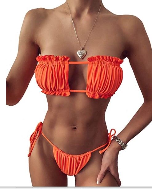 Photo 1 of Windinny Women's Tie Knot Swimsuits Sexy Ruffle Strapless Bikini Sets Brazilian Two Piece Bathing Suits ORANGE [SIZE SMALL]
