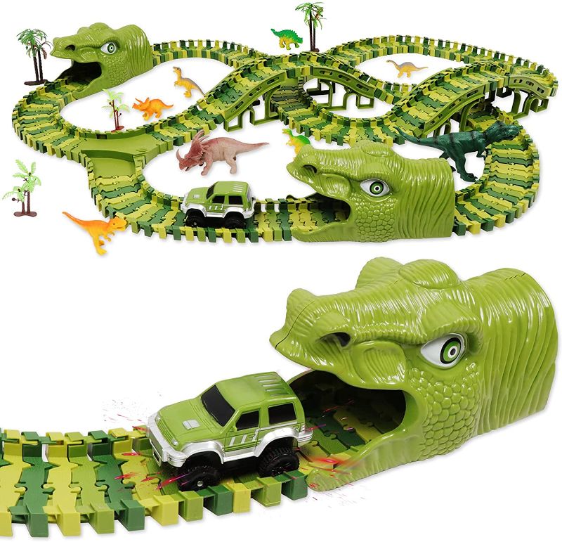 Photo 1 of Dinosaur Toys,Wuayur 240pcs Dinosaur Theme World Race Toy Set for Kids,240 Flexible Track Playset ,2 Cars,8 Dinosaurs and 2 Dinosaur Heads