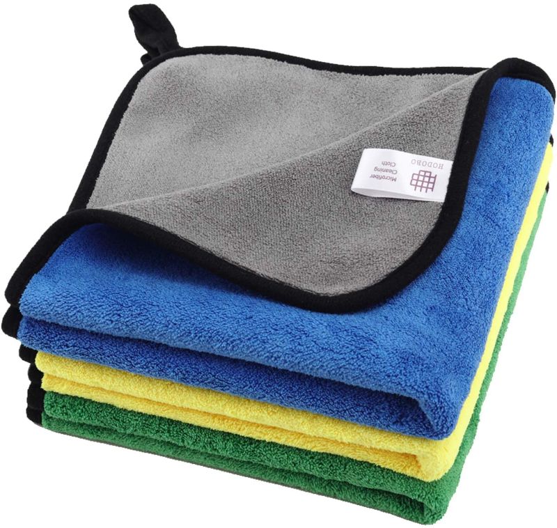 Photo 1 of 3 Pack Large Size 16" x 16" HODOBO Soft Double-Side Plush Microfiber Car Drying Towel Rags, Green Yellow Blue