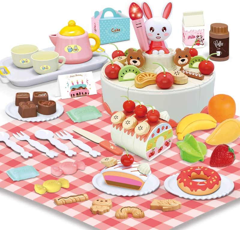 Photo 1 of REMOKING DIY Cake Toys, Educational Food Pretend Play Toy with Light and Music, Funny Cutting Toys Set 88 Pcs with Outdoors Table Picnic Cloth, Great Gifts for Kids 3 Years and up