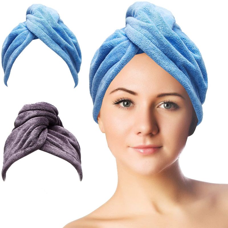 Photo 1 of Dowoskin Hair Towel Wrap, 2 Pcs Hair Drying Towels with Button, Microfiber Hair Cap Anti Firzz Bath Towel for Long Curly Thick Hair (Blue&Gray)
