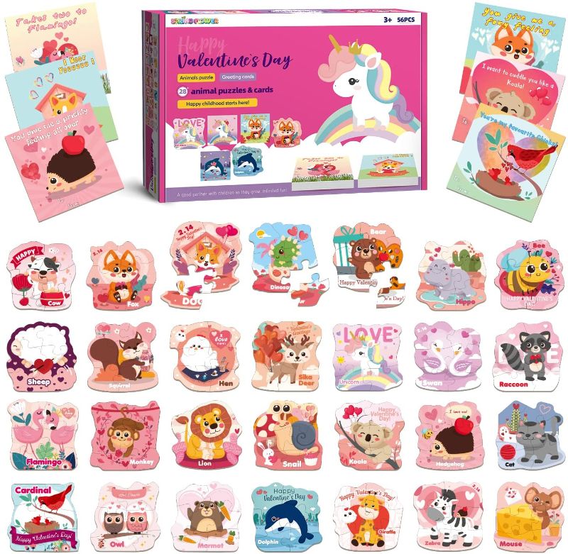 Photo 1 of Valentine's Day Greeting Cards With Animal Jigsaw Puzzles Kit For Kids,28 pack Bulk for School Classroom Gift Exchange, Prizes For Kids Class Events,Kids Valentines Party Favor Supplies