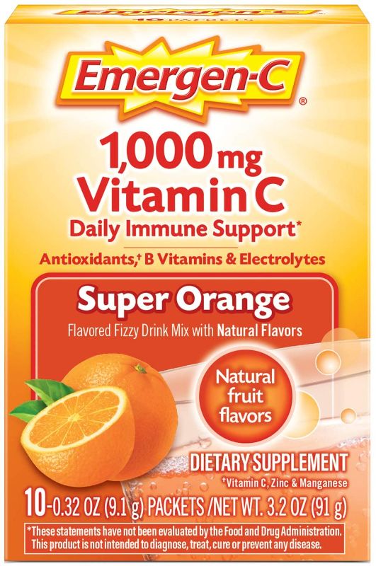 Photo 1 of Emergen-C 1000mg Vitamin C Powder for Daily Immune Support Caffeine Free Vitamin C Supplements with Zinc and Manganese B Vitamins and Electrolytes Super Orange Flavor - 10 Count
