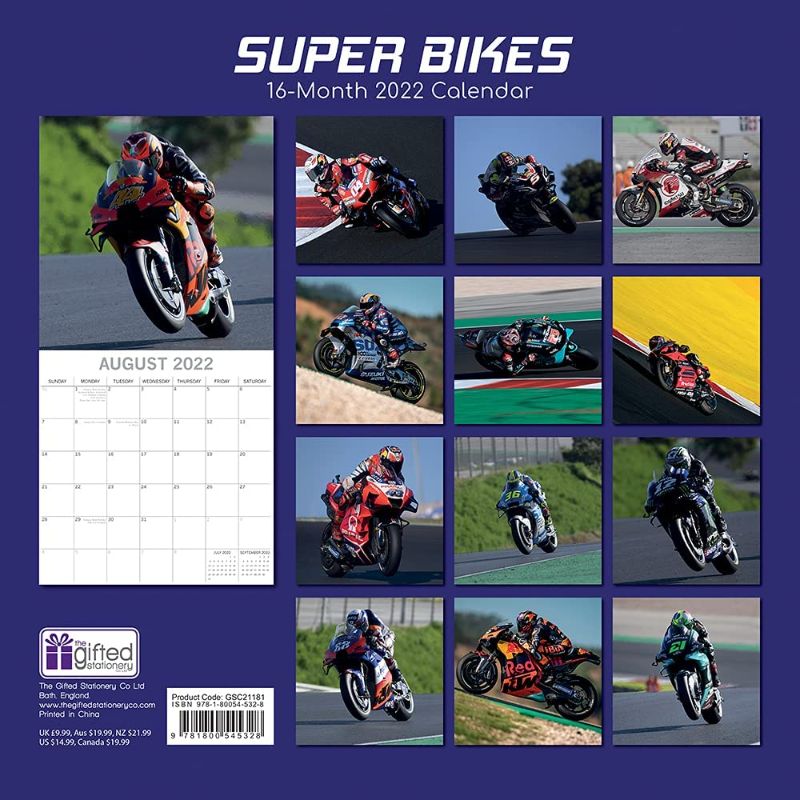 Photo 2 of 2022 Square Wall Calendar - Super Bikes, 12 x 12 Inch Monthly View, 16-Month, Transport Theme, Includes 180 Reminder Stickers