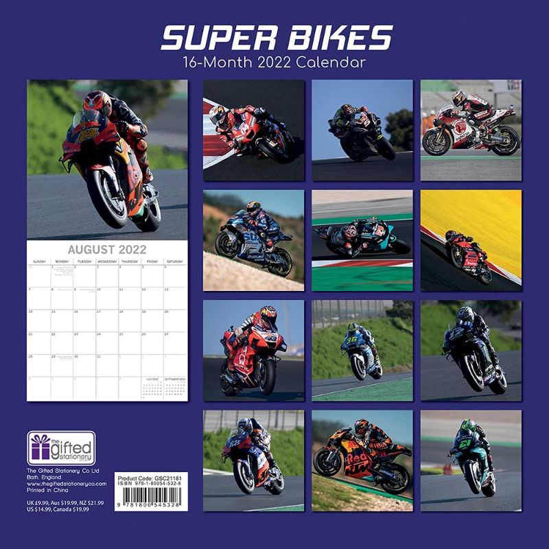 Photo 1 of 2022 Square Wall Calendar - Super Bikes, 12 x 12 Inch Monthly View, 16-Month, Transport Theme, Includes 180 Reminder Stickers