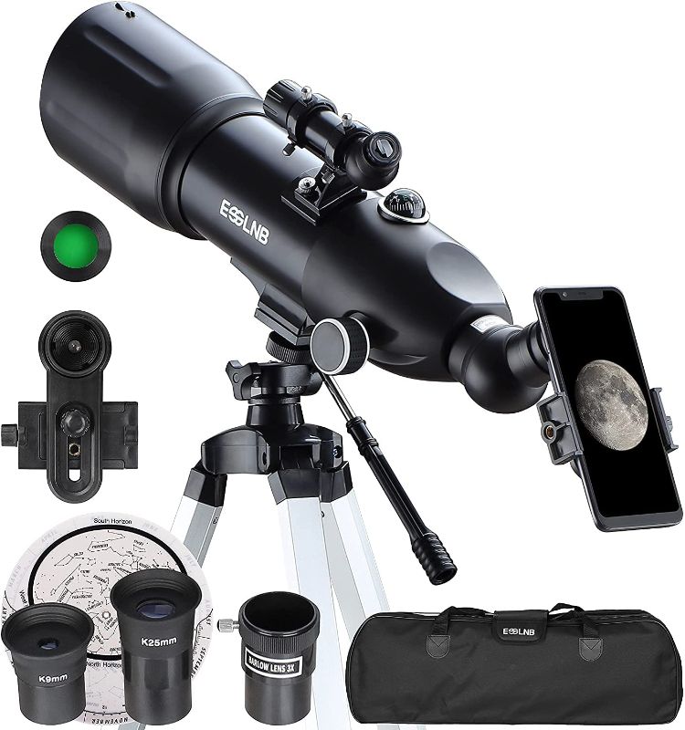 Photo 1 of ESSLNB Telescopes for Adults Kids Astronomy Beginners 80mm Astronomical Telescopes with 10X Phone Mount Refractor Telescope Tripod and Carrying Bag Erect-Image Travel Telescope with Moon Filter