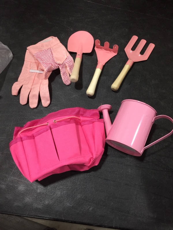 Photo 2 of Kid’s Garden Tool Set with Child Safe Shovel, Rake, Fork, Gloves, Watering Can and Canvas Tote- Mini Gardening Kit for Boys and Girls , Pink