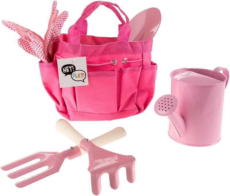 Photo 1 of Kid’s Garden Tool Set with Child Safe Shovel, Rake, Fork, Gloves, Watering Can and Canvas Tote- Mini Gardening Kit for Boys and Girls , Pink