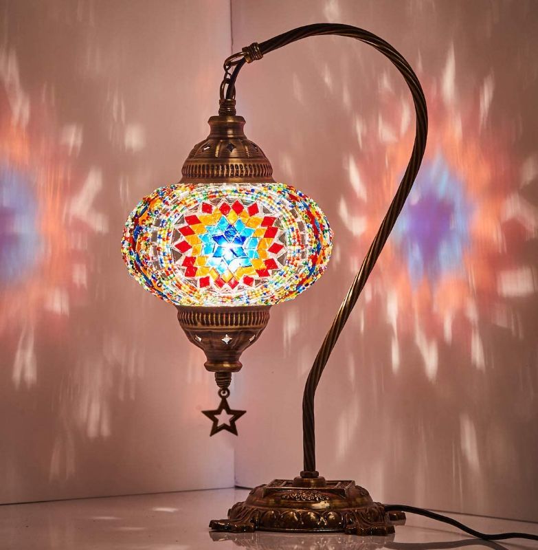 Photo 1 of (33 Colors) DEMMEX Turkish Moroccan Mosaic Table Lamp with US Plug & Socket, Swan Neck Handmade Desk Bedside Table Night Lamp Decorative Tiffany Lamp Light, Antique Color Body (7)
