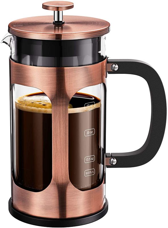 Photo 1 of BAYKA French Press Coffee Maker, Large Classic Copper 304 Stainless Steel Coffee Press, Cold Brew Heat Resistant Thickened Borosilicate Coffee Pot for Camping Travel Gifts, 34 Ounce
