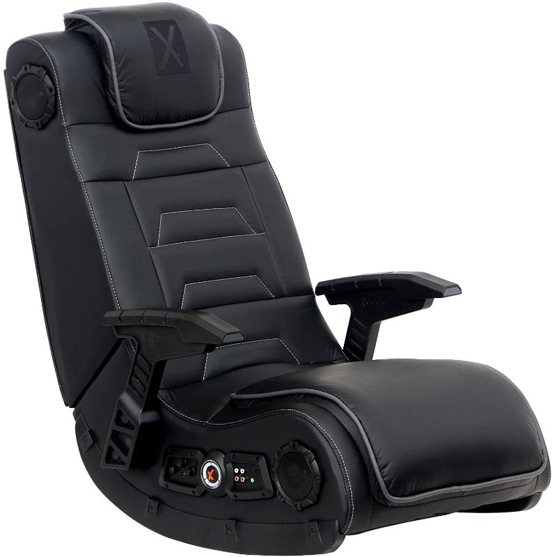 Photo 1 of X Rocker Pro Series H3 Black Leather Vibrating Floor Video Gaming Chair with Headrest for Adult, Teen, and Kid Gamers - 4.1 High Tech Audio and Wireless Capacity - Foldable and Ergonomic Back Support
