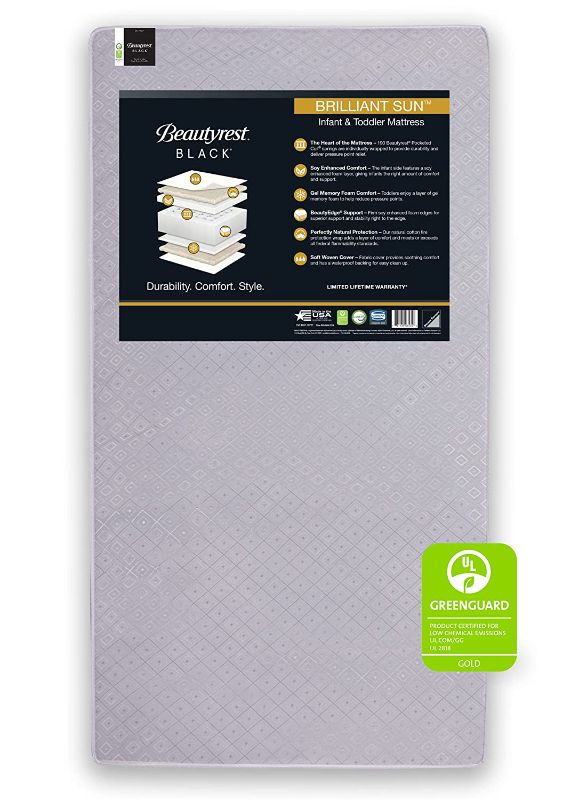 Photo 1 of Beautyrest Beginnings Black Brilliant Sun 2-Stage Premium Crib and Toddler Mattress with Plant-Based Soy Foam and Gel Memory Foam - GREENGUARD Gold Certified - Trusted - Made in USA
