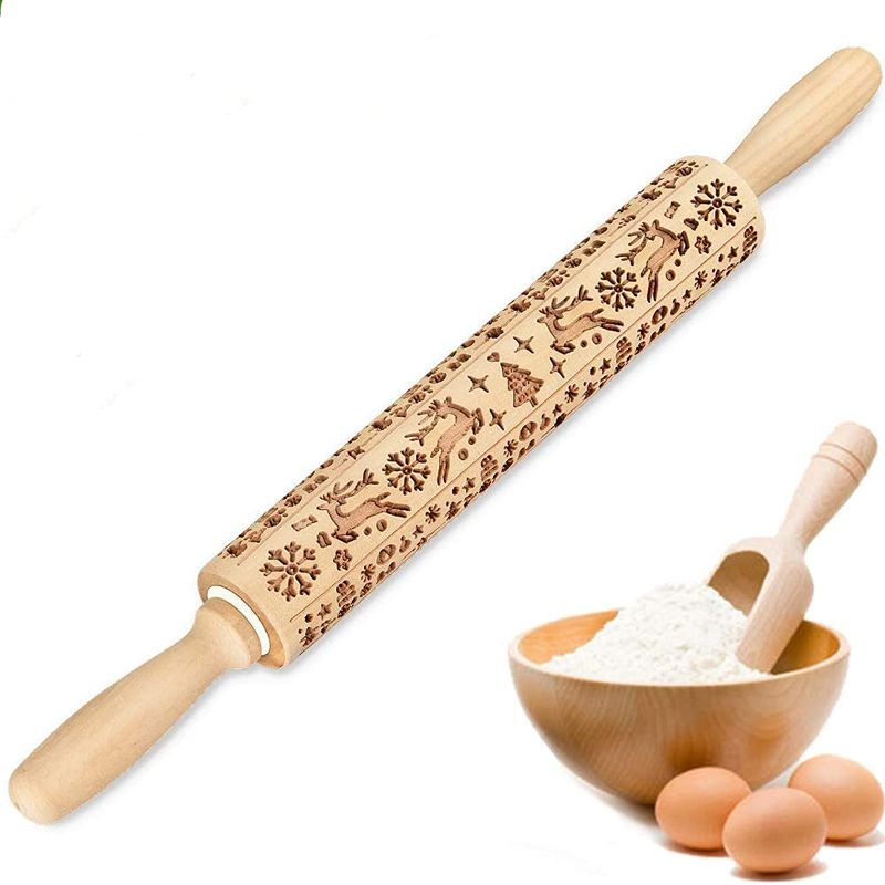 Photo 1 of Christmas Wooden 3D Rolling Pins, Christmas Embossing Rolling Pin with Engraved Reindeer Themed Symbols for Baking Embossed Cookies, Holiday Rolling Pin Kitchen Tool, Christmas Ornaments