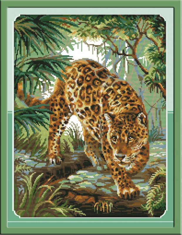 Photo 1 of XDXART Cross Stitch Kits Stamped Full Range of Embroidery Starter Kits for Beginners - Leopard animal (14CT White)