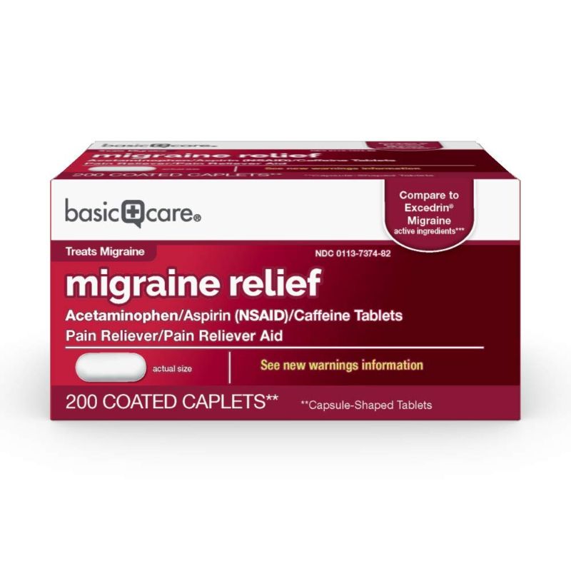 Photo 1 of Amazon Basic Care Migraine Relief, Acetaminophen, Aspirin (NSAID) and Caffeine Tablets, 200 Count