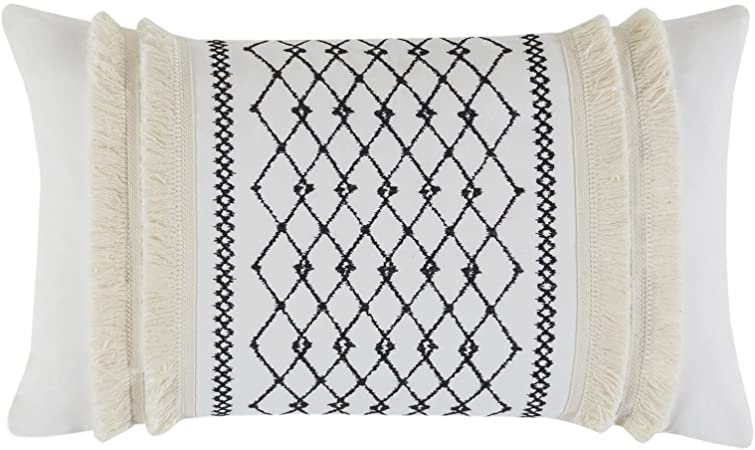 Photo 1 of Bea Embroidered Cotton Accent Throw Pillow , Mid-Century Geometric Fashion Oblong Decorative Pillow , 12"W X 20"L , Ivory
