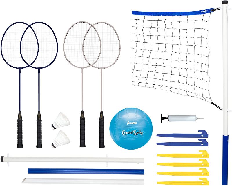 Photo 1 of Franklin Sports Volleyball + Badminton Sets - Beach + Backyard Combo Outdoor Game Set - Volleyball, Pump, Badminton Rackets, Birdies, Net + Poles Included - Complete Outdoor Lawn Games Sets
