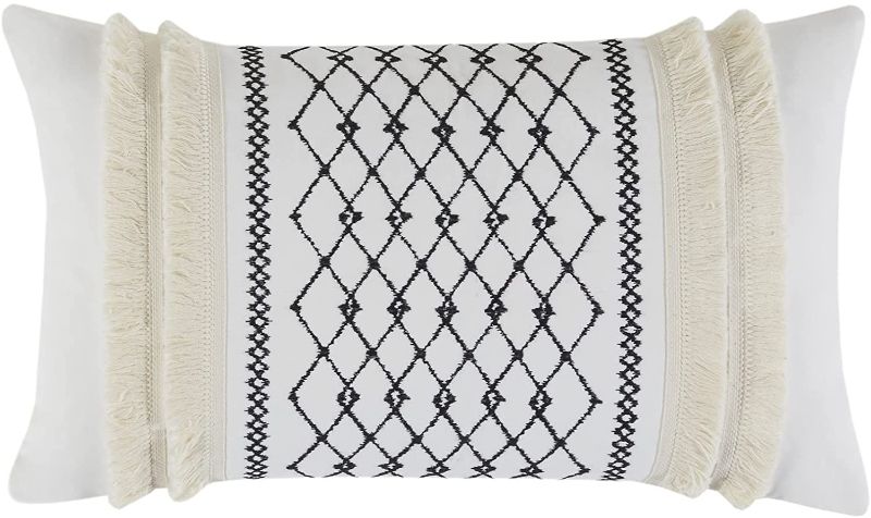 Photo 1 of Bea Embroidered Cotton Accent Throw Pillow , Mid-Century Geometric Fashion Oblong Decorative Pillow , 12"W X 20"L , Ivory
