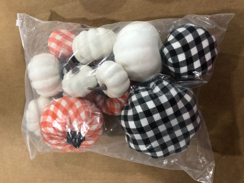 Photo 2 of 13 Pcs Pumpkin Decor, Artificial Pumpkins Bufflo Plaid White Black Pumpkins Fake Foam Pumpkins for Halloween Autumn Harvest Wedding Thanksgiving Farmhouse Fall Home Decorations
