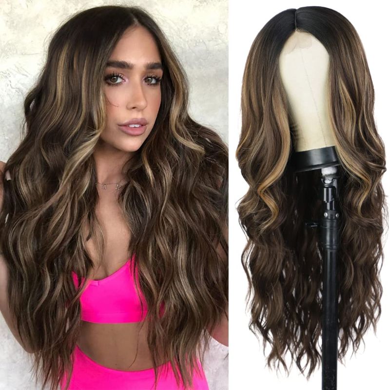 Photo 1 of AISI QUEENS Long Wavy Wig Highlights Color Synthetic Curly Middle Part Wigs for Women Brown Mixed Blonde Heat Resistant Hair Wigs For Daily Party Use
