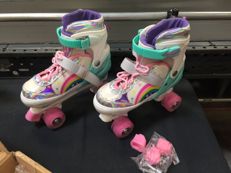 Photo 2 of SULIFEEL Rainbow Unicorn 4 Size Adjustable Light up Roller Skates for Girls Boys for Kids
SIZE UNKNOWN 