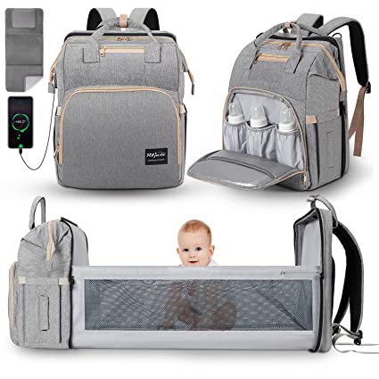 Photo 1 of Diaper Bag Backpack with Changing Station, DerJunstar Baby Diaper Bags for Baby Boy & Girl with Portable Crib, Multifunctional Travel Diaper Waterproof Backpack, New Mom Gifts for Women, Gray

