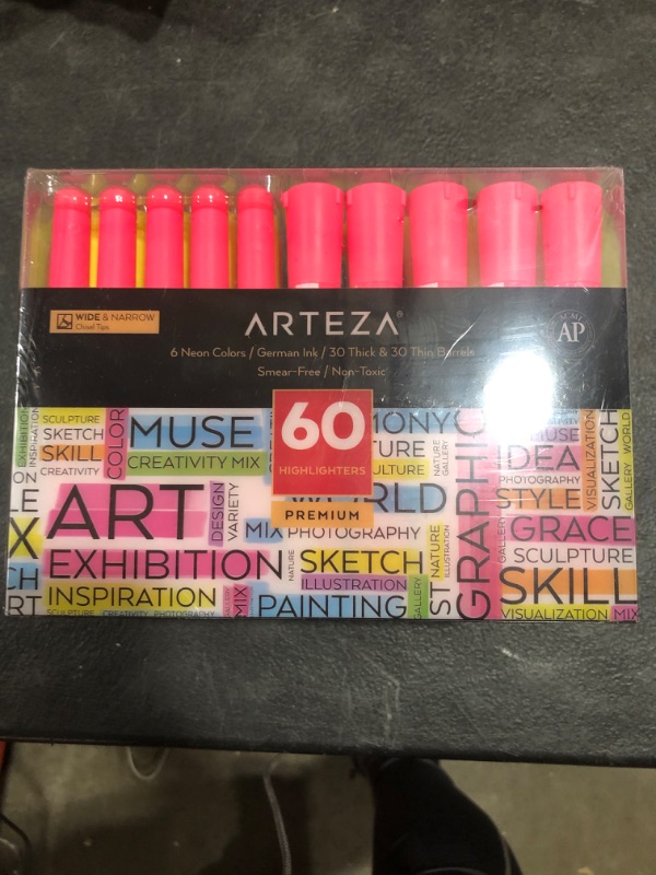 Photo 2 of Arteza Highlighters Set of 60, Bulk Pack of Colored Markers, Wide and Narrow Chisel Tips, 6 Assorted Neon Colors, Office Supplies for School, Office, or Home
