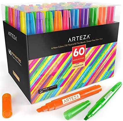 Photo 1 of Arteza Highlighters Set of 60, Bulk Pack of Colored Markers, Wide and Narrow Chisel Tips, 6 Assorted Neon Colors, Office Supplies for School, Office, or Home
