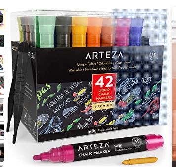Photo 1 of Arteza Liquid Chalk Markers, Water-Based 42-Color Pack with 50 Chalkboard Labels and Replaceable Tips for Adults, Bistros & Restaurants
